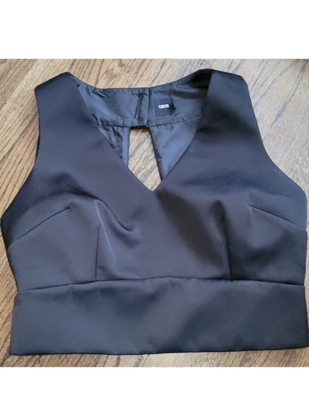 ASOS Black Satin tailored crop top vneck button closure size 10